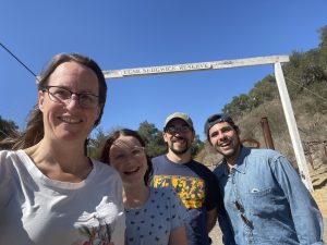 Caroline with lab members Andre Szejner Sigal and Lourenço Martins, and daughter Liana, on the way to their field site at Sedgwick Reserve, a UC Reserve in Santa Ynez California